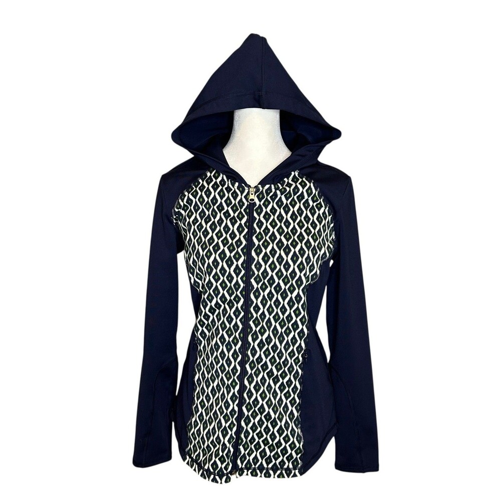 Zenergy by Chico's Sporty Hooded Spring Jacket Navy Blue White Sz Small Full Zip